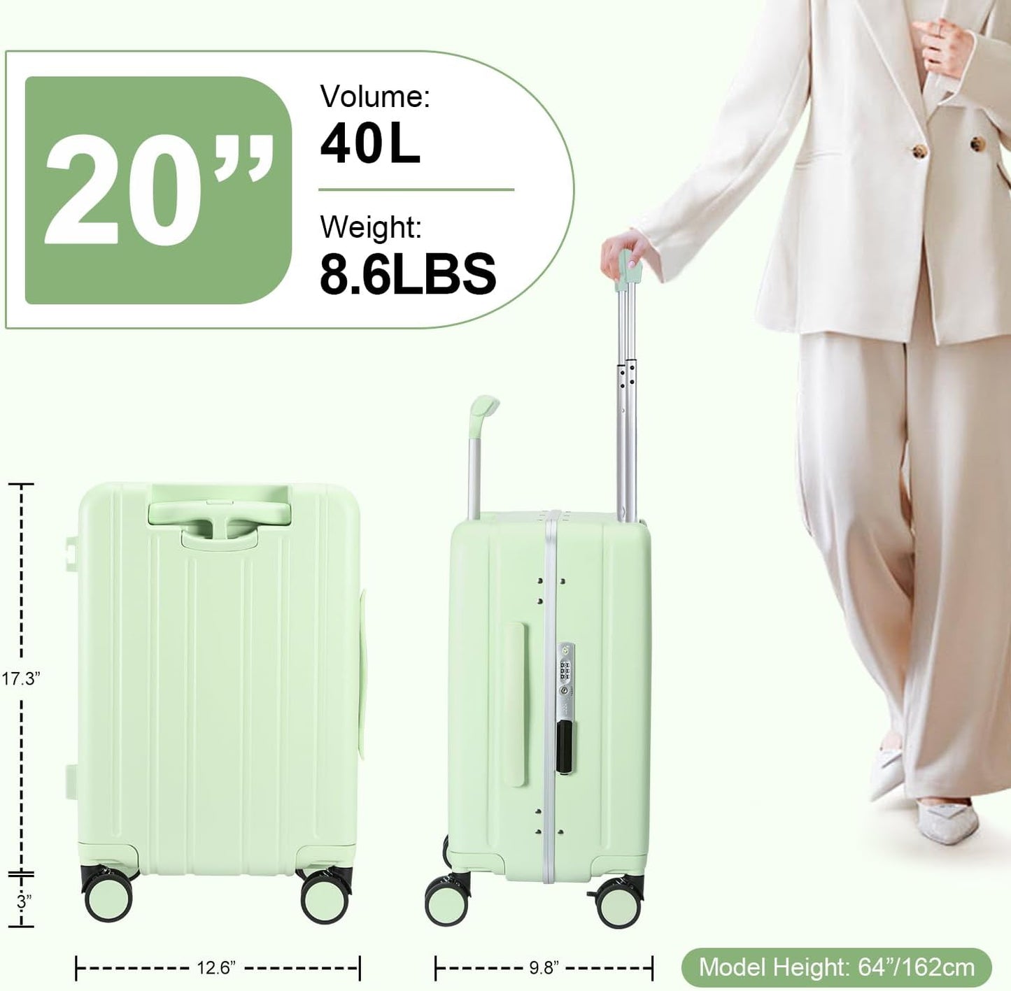 MRPLUM Carry On Luggage Double Handle Suitcase with Net Pocket,Hard Shell Spinner Wheels Luggage with TSA Lock&Seat Belt,20 inch,Green