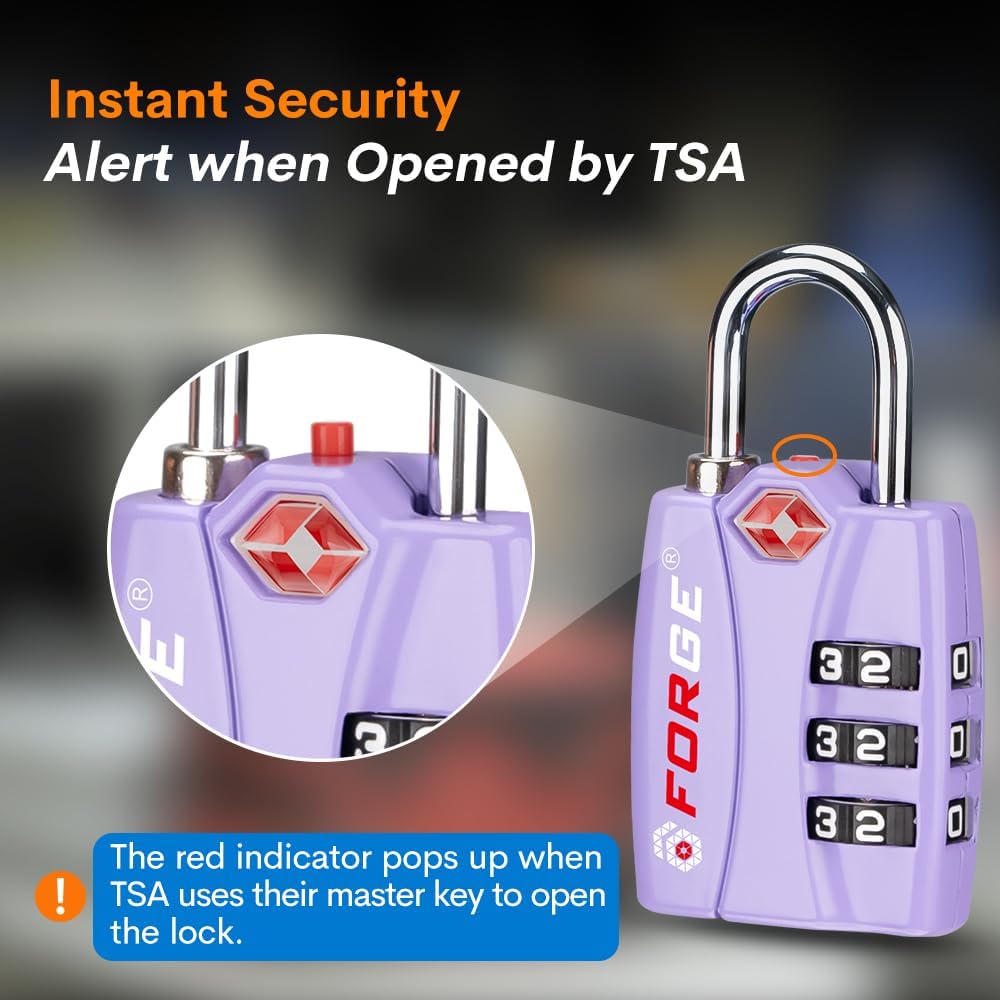 Forge Luggage Locks TSA Approved 2 Pack Purple, Small Combination Lock with Zinc Alloy Body, Open Alert, Easy Read Dials, for Travel Suitcase, Bag, Backpack, Lockers.