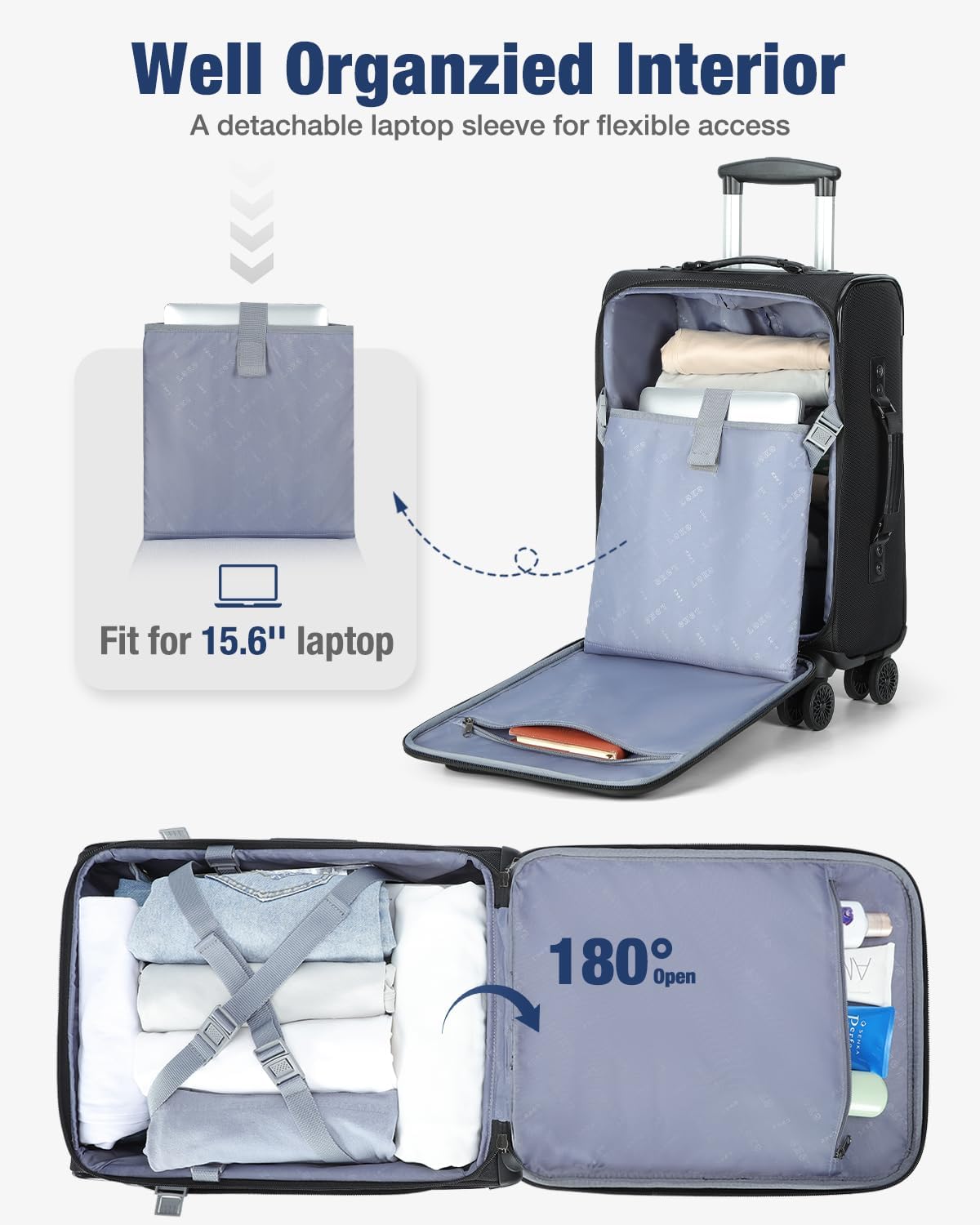 Lekebobor 20 Inch Carry On Luggage with Wheels Airline Approved, Softside Carry-On Suitcase for Women Men Travel Business, Black