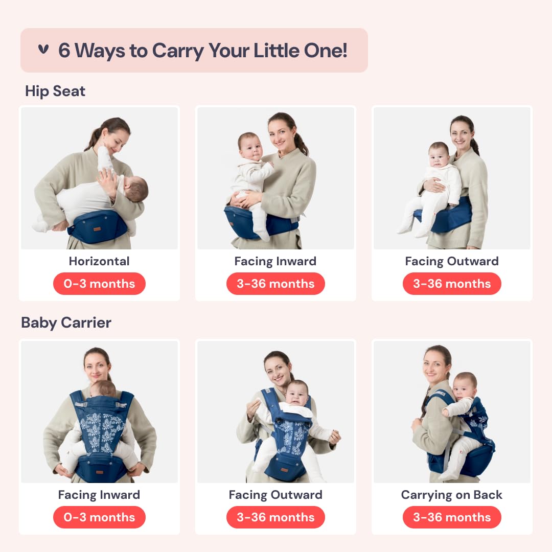 BabbleRoo Grow Carrier – 6-in-1 Baby Carrier with Hip Seat, Ergonomic, Cozy & Adjustable Toddler Carrier 7-50 lbs with Hip & Lumbar Support, Hood for Sun Protection, Newborn to Toddler, Denim Leaves