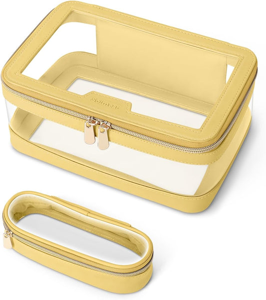Travel Clear Makeup Bag with Makeup Brush Bag, Leather Makeup Case Toiletry Bag, Portable Cosmetic Bag Case, Transparent Waterproof Cosmetic Organizer Storage Bag for Women, Yellow