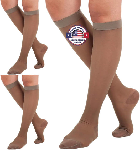 (3 Pairs - Closed Toe) Made in USA - Sheer Compression Stockings for Women 15-20mmHg - Womens Compression Socks for Circulation during Travel, Airplane, Sport, Athletic - Taupe, X-Large - A101T4-3