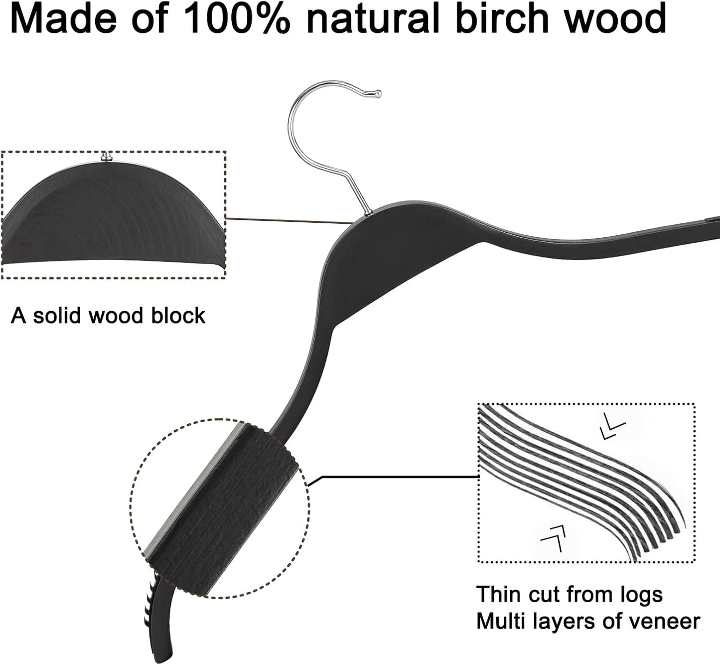 TOPIA HANGER Slim Wooden Hangers with Extra Soft Non-Slip Rubber Grips, 18-Pack High-Grade Fashion Black Hanger No Shoulder Bump for Sweater, Camisole, Jacket, Dress, Coat-CT16B