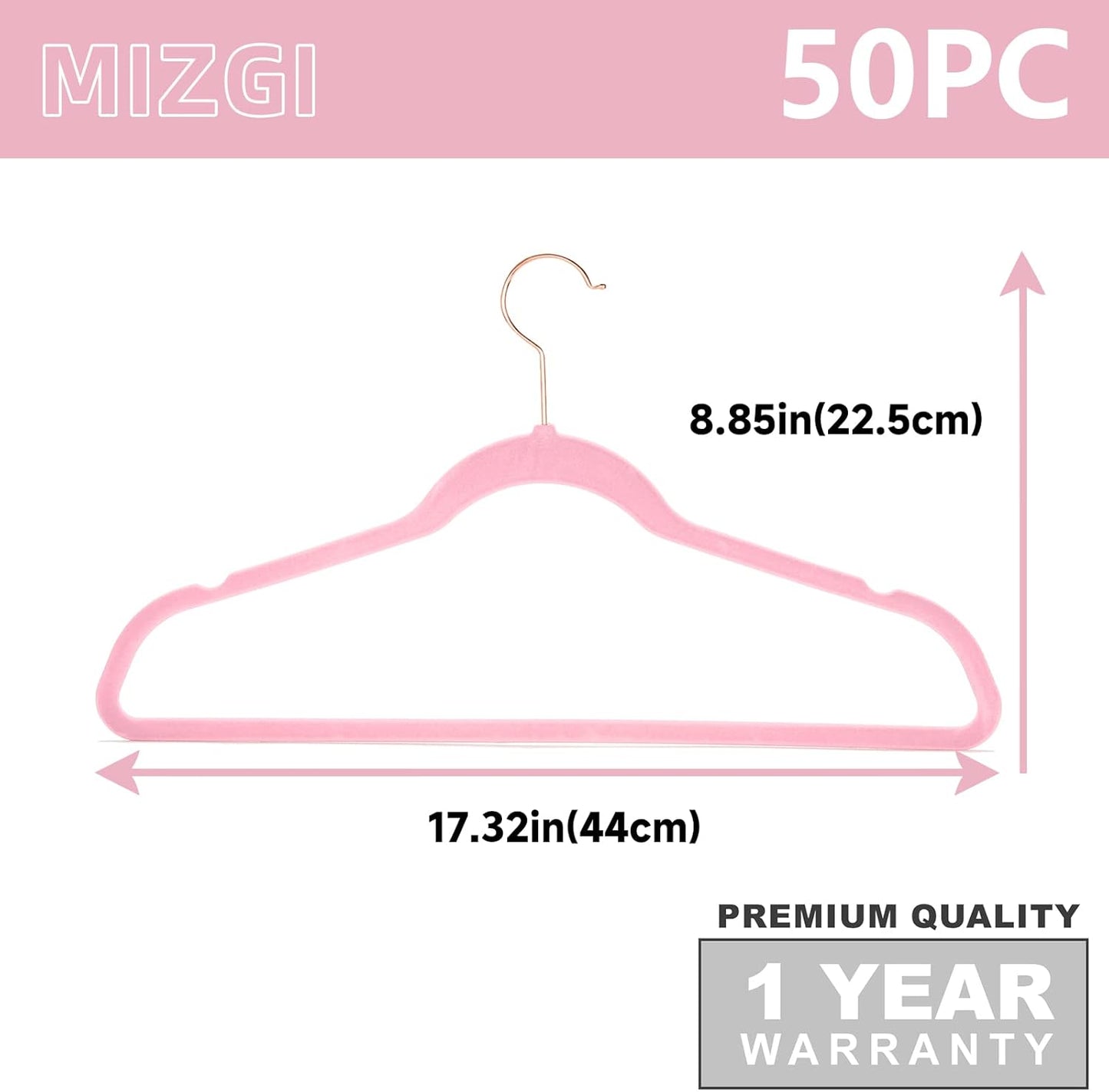 MIZGI Premium Velvet Hangers (Pack of 50) Heavy Duty - Non Slip - Velvet Suit Hangers Light Pink - Copper/Rose Gold Hooks, Space Saving Clothes Hangers