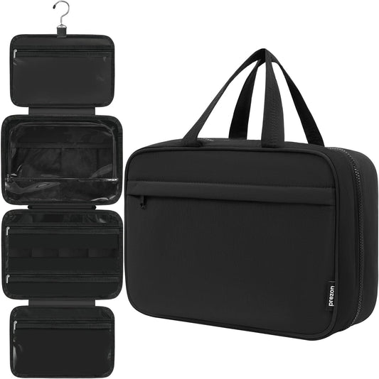 Toiletry Bag For women,Portable Hanging Organizer,4 Leakproof Compartment for full-sized Conditioner, Brushes Set, Makeup Accessories,Visible and easy to access.M-black