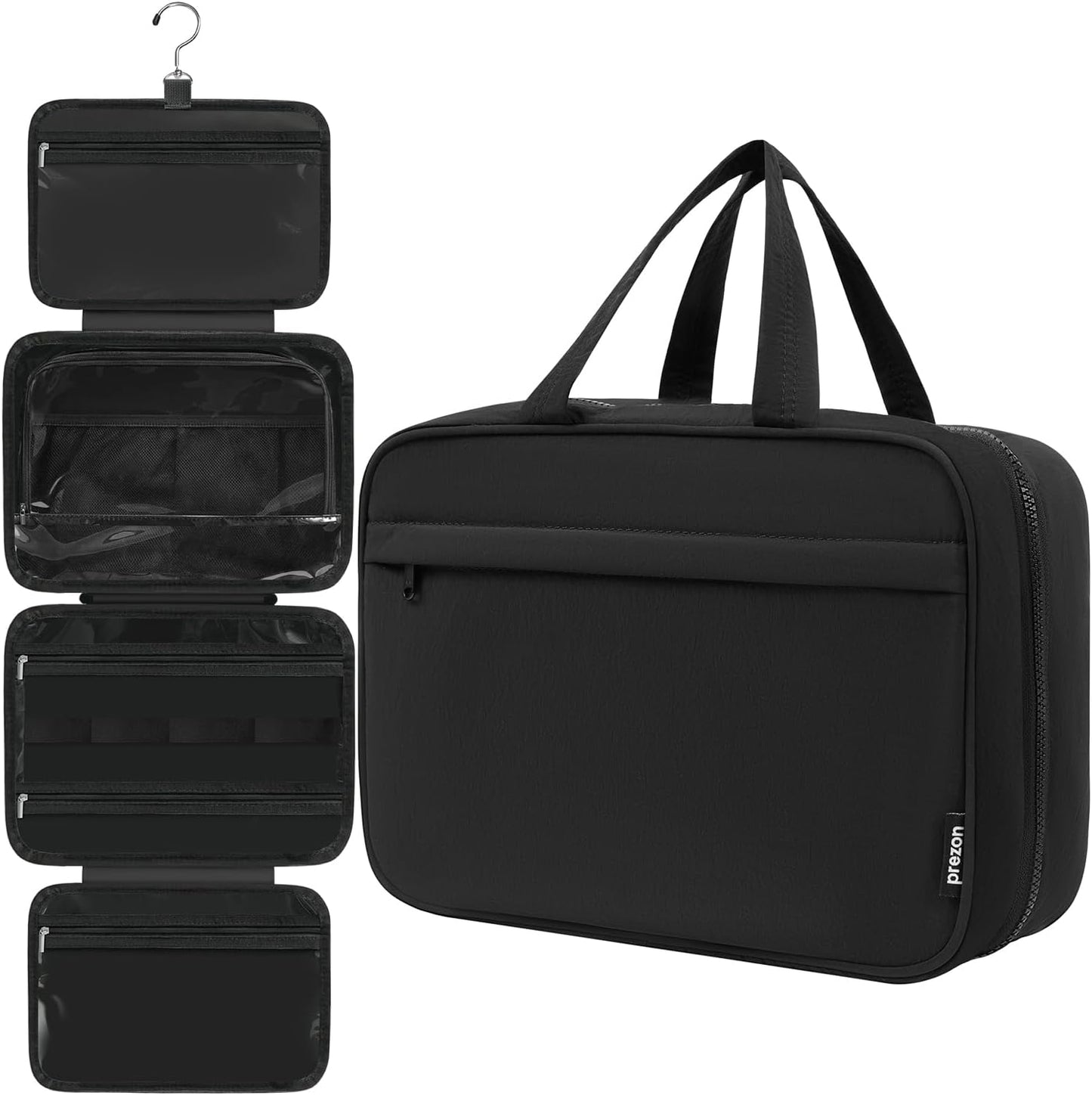 Toiletry Bag For women,Portable Hanging Organizer,4 Leakproof Compartment for full-sized Conditioner, Brushes Set, Makeup Accessories,Visible and easy to access.L-black