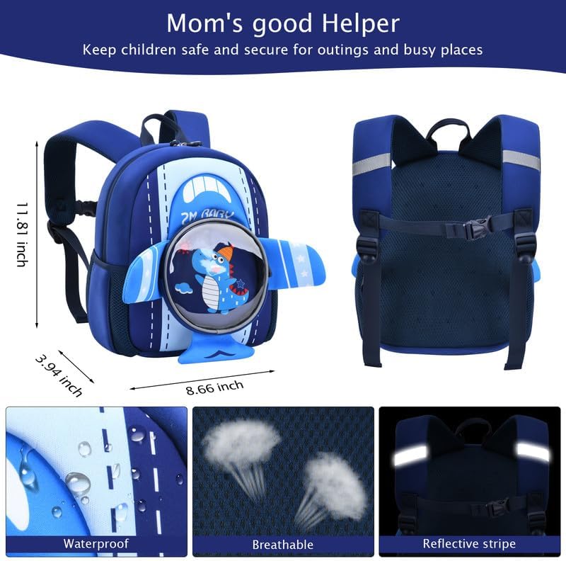 Padgene Toddler Harness Backpacks Safety Leash Kids Anti Lost Kindergarten Preschool Backpack Neoprene Lightweight Animal Schoolbag 3D Cartoon Dinasour Mini Travel Bag for Boys Girls