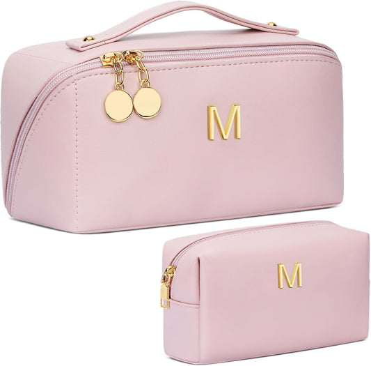 Birthday Gifts for Women Teen Girl, Personalized Initial Makeup Organizer Bag Set, Open Flat Travel Cosmetic Bag With Clear Divider and Handle(Pink,M)