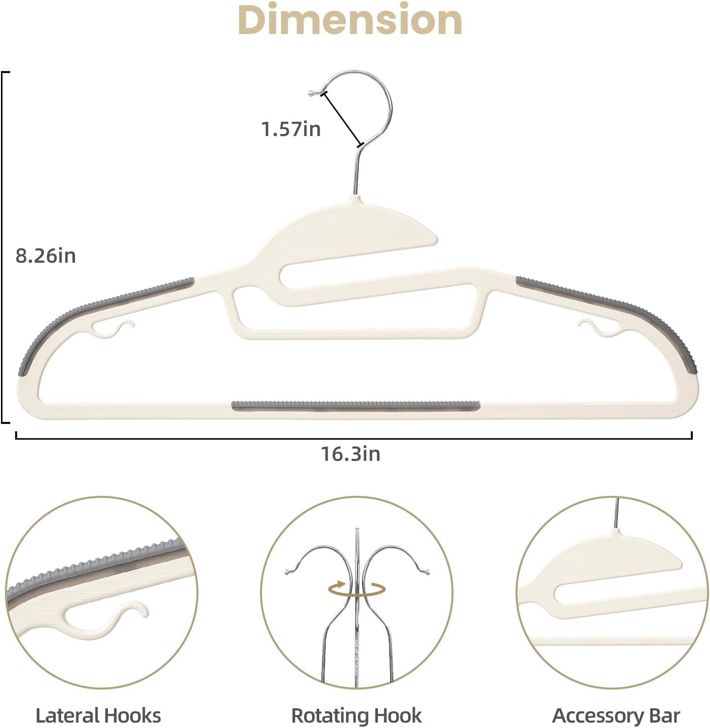 BAGAIL Plastic Hangers 50 Pack with Non-Slip Design,0.2 Inches Thick, 360°Swivel Hook Space Saving Organizer for Bedroom Closet,Shirts,Pants(Beige- S Shaped)