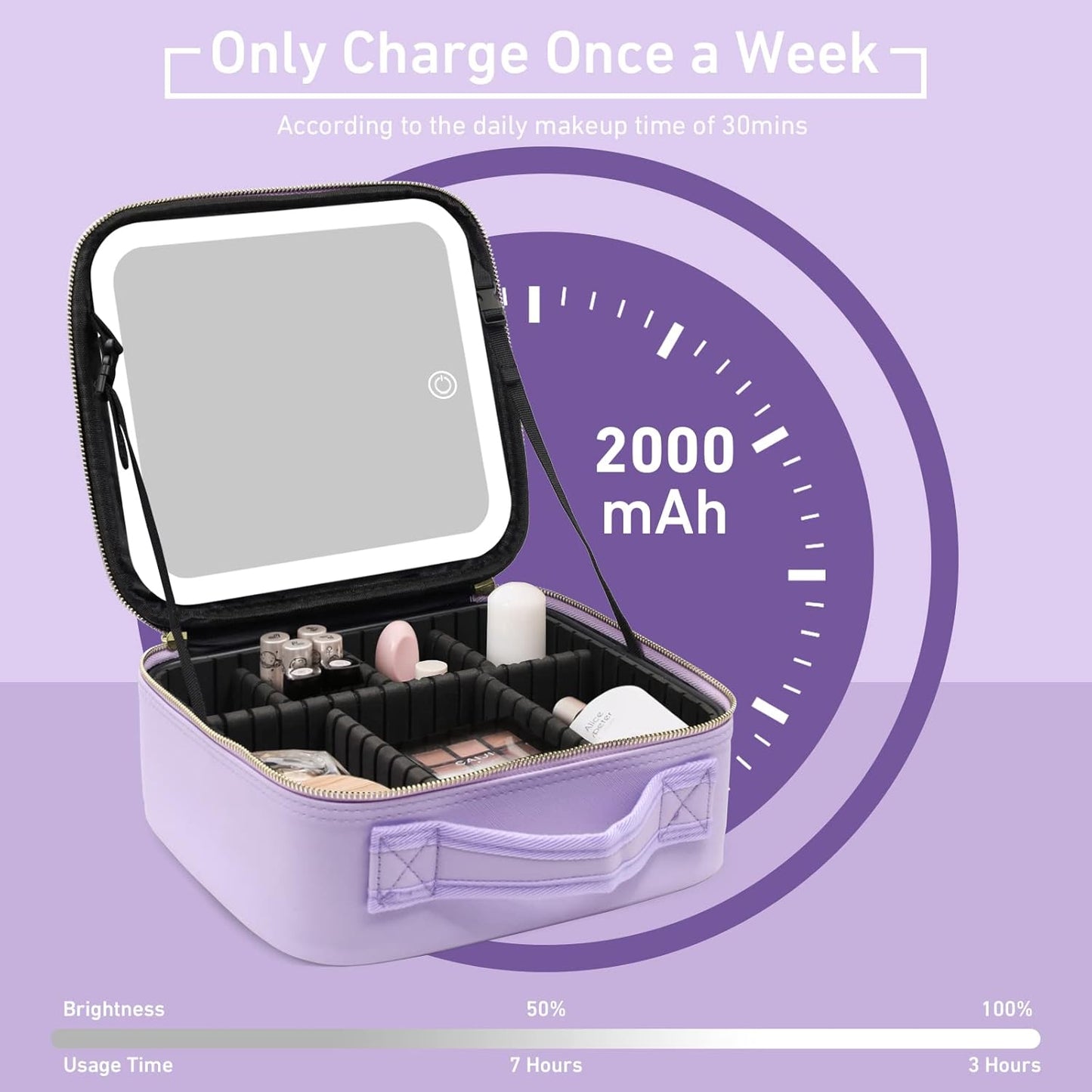 Travel Makeup Bag with Lighted Mirror, Makeup Organizer Bag with 3 Color Modes Adjustable Brightness, Makeup Bag with Mirror and Lights Portable Cosmetic Bag Tools Accessories Gift (Purple)