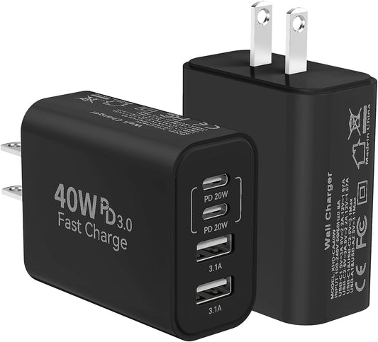 USB C Fast Charger Block, iPhone Charger Fast Charging Blocks 40W Multi Port Charger 4-Ports PD & QC Charging Cube Brick Power Adapter Type C Wall Chargers for iPhone 17/16/15/14/13/12 Pro Max, iPad