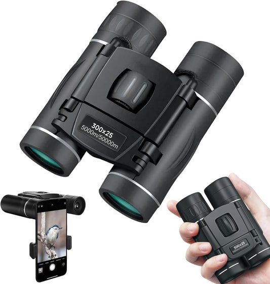 300x25 Binoculars for Adults and Kids, High Powered Mini Pocket Binoculars with Phone Adapter, Waterproof Compact Telescope for Bird Watching, Hunting, Concert, Theater, Opera, Traveling, Sightseeing
