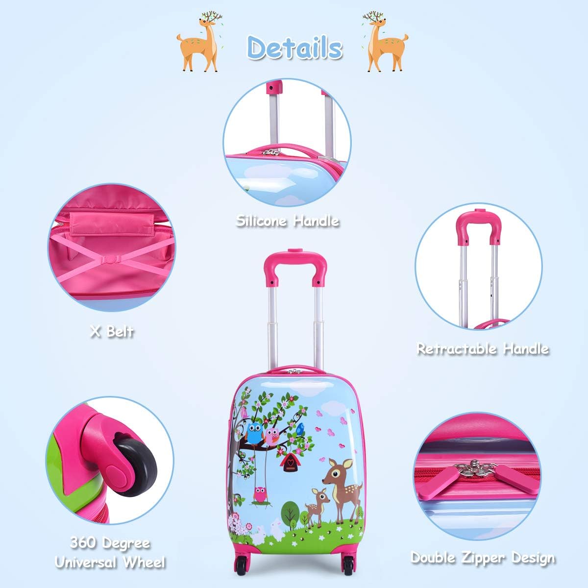 HONEY JOY Kids Luggage, 12” Travel Backpack & 16” Hard Shell Toddler Suitcase, Children Rolling Luggage with Wheels, Retractable Handle & 4 Casters, 2Pcs Carry On Luggage Set for Boys Girls(Deer)