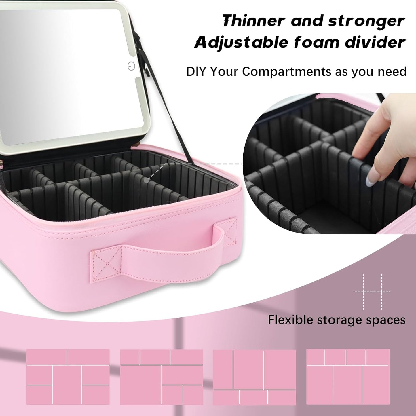 Makeup Bag with Led Mirror,Travel Makeup Organizer with 3 Color Setting, Portable Storage and Adjustable Dividers Travel Makeup Bag(Light Pink)