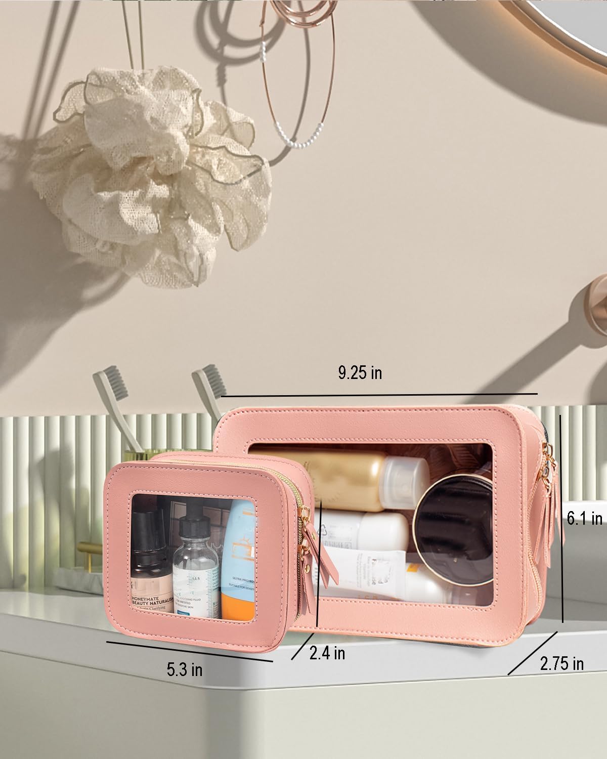 2 Pcs Clear Makup Bag Set, Clear Cosmetic Bags with Zipper Waterproof Small Travel Cosmetic Case Cute Make Up Pouch Mini Car Essentials for Women Travel Car Organizer (Pink Set)