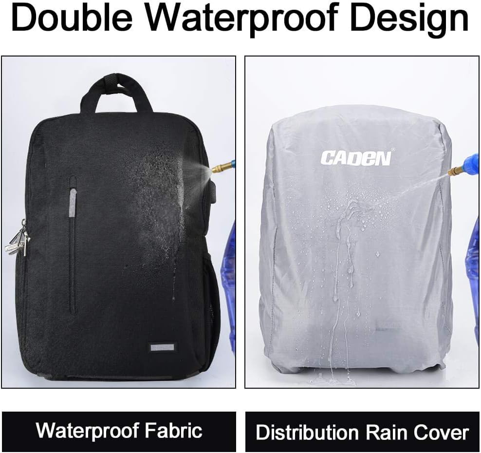 CADeN DSLR Camera Backpack Bag Waterproof Anti Theft with 15.6 inch Laptop Compartment, USB Charging Port, Tripod Holder, Rain Cover, Inner Case, Compatible for Sony Canon Nikon Olympus Black