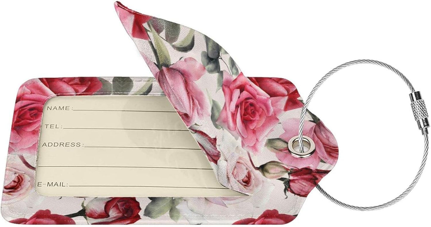 2PC Red Rose Flower Luggage Tag with Privacy Cover Id Card Stainless Steel Loop, Pink Floral Travel Baggage Identifiers Tags Luggage for Women Men Suitcase Name Labl