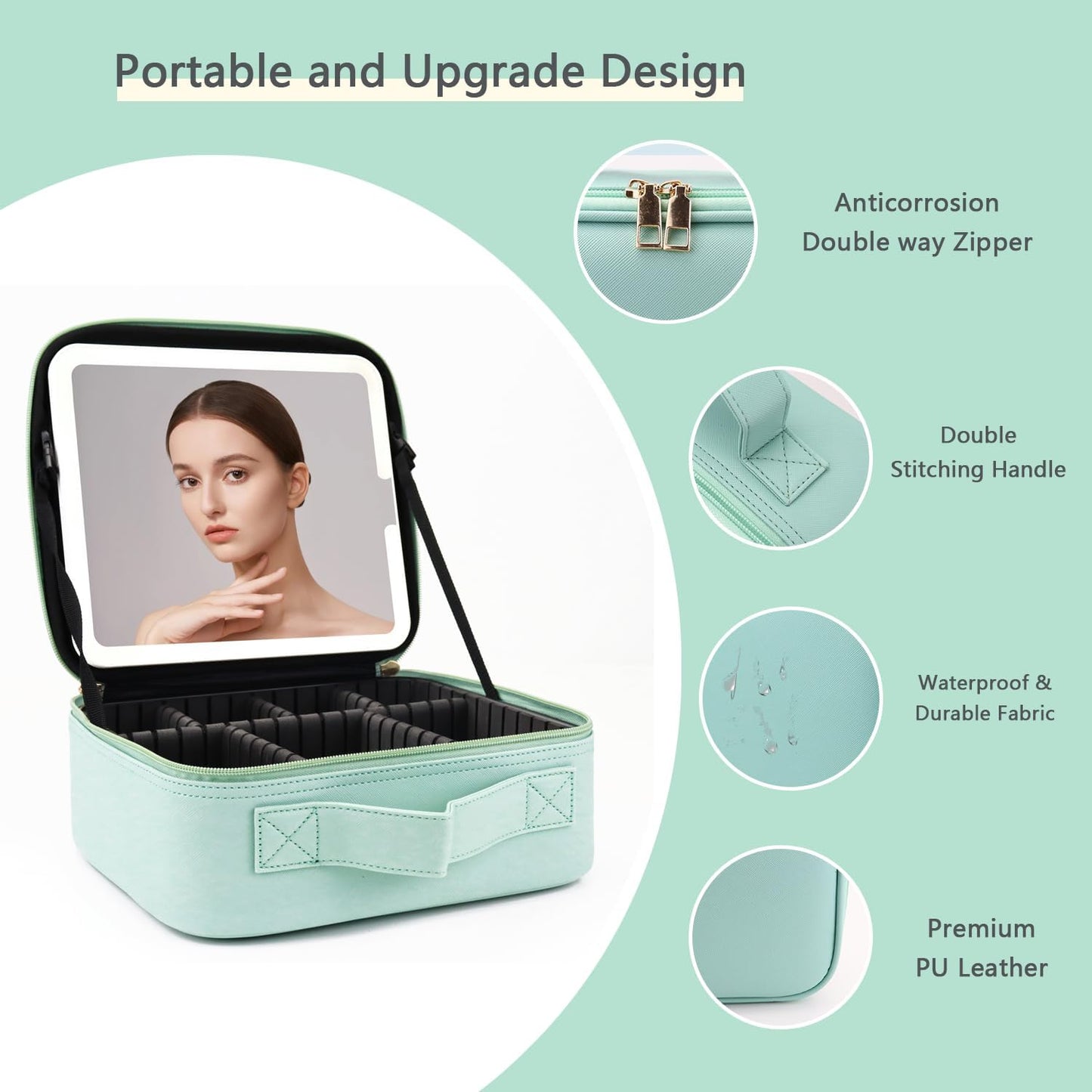 Makeup Bag with Led Mirror,Travel Makeup Organizer with 3 Color Setting, Portable Storage and Adjustable Dividers Travel Makeup Bag(light green)