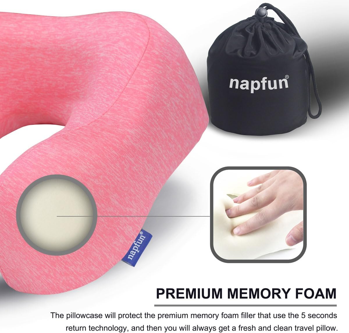 napfun Neck Pillow for Traveling, Upgraded Travel Neck Pillow for Airplane 100% Pure Memory Foam Travel Pillow for Flight Headrest Sleep, Portable Plane Accessories, Rose
