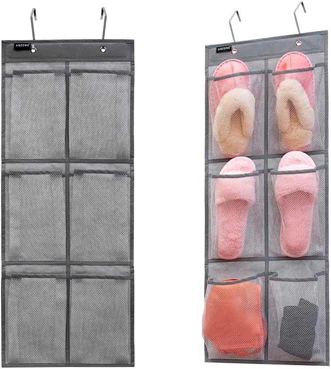 2 Pack Minimalist Black Over The Door Hanging Closet Shoe Holder Organizer with 6 Pockets (Mesh Pockets)