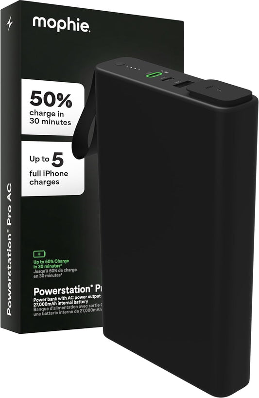 mophie powerstation pro AC (2023)-27,000 mAh External Battery compatbile With MacBook&iPad Portable PD battery with 100W of AC&60W USB-C Fast Charge integrated carry strap-USB-C cable included, Black
