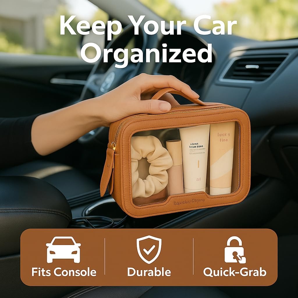 PACKISM Medium Clear Makeup Bag - Pebbled Texture & Hard PU Leather Car Bag for Organizing Car Consoles, with Message Card Clear Cosmetic Makeup Case for Women Gift (Khaki Medium)
