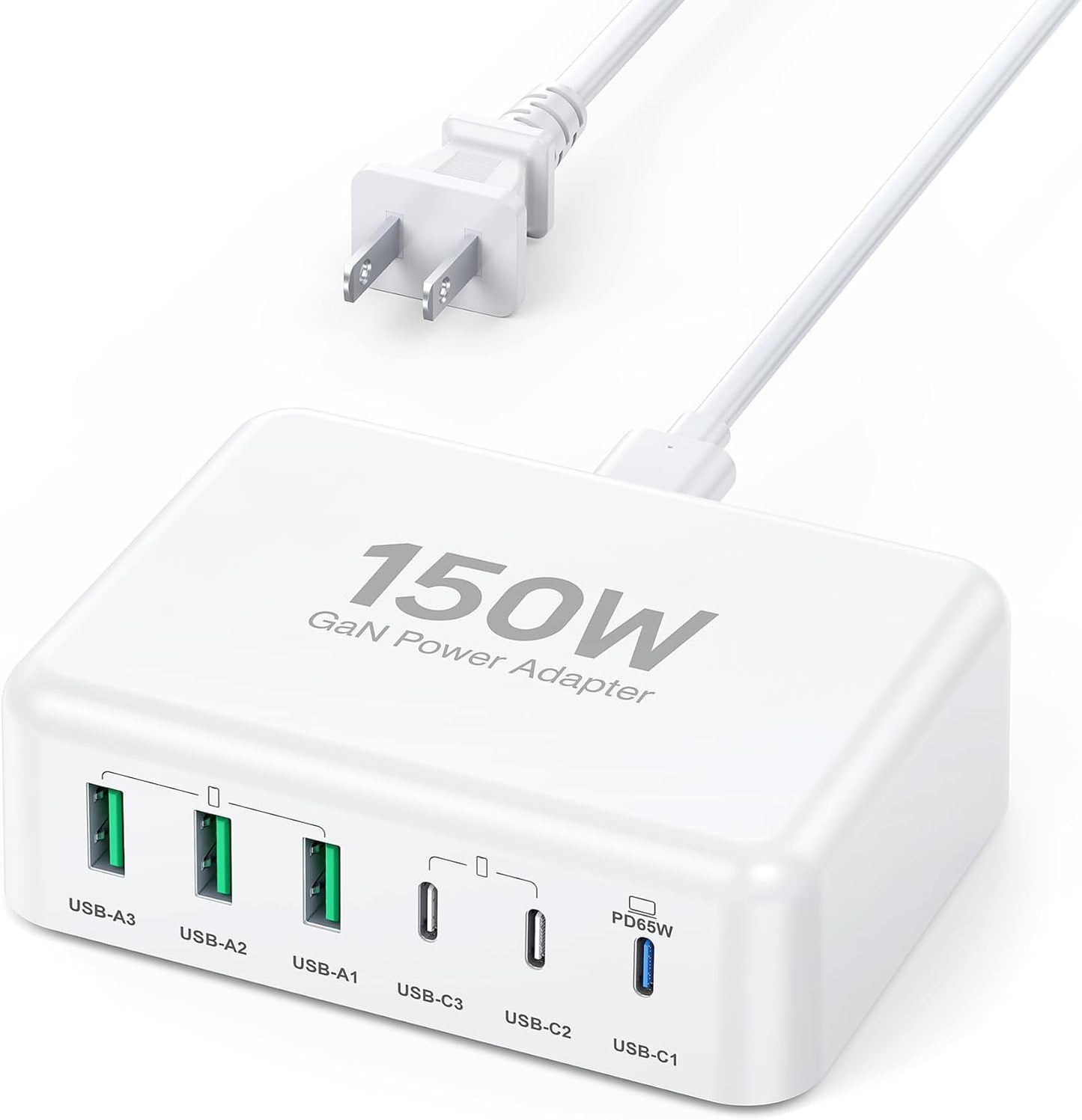 USB C Fast Charger, 150W 6 Port Desktop PD GaN Fast Charger Charging Station Block 65W USB C Laptop Power Adapter for MacBook Pro/Air iPad iPhone 17 16 15 14 13 Pro Max Galaxy S24 Note 20 Pixel