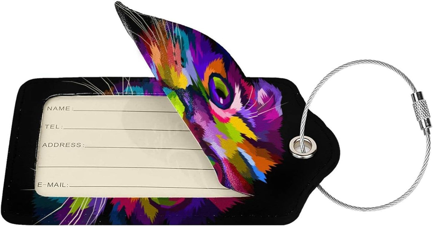 Cute Cat Leather Luggage Tags for Adults Teens, 2 Pack Colorful Art Kitten Animal Travel Bag Suitcase Labels with Stainless Steel Loop ID Tags Card Baggage Bag Label