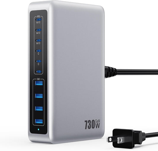 730W USB C Charger Block,GaN IV Fast Charging Station Hub 10 Ports,QC4.0+3 PD 100W USB C Laptop Charger Ports Power Adapter Compatible with MacBook Air/Pro,DELL,iPhone 16/15/14/13,iPad,Steam Deck