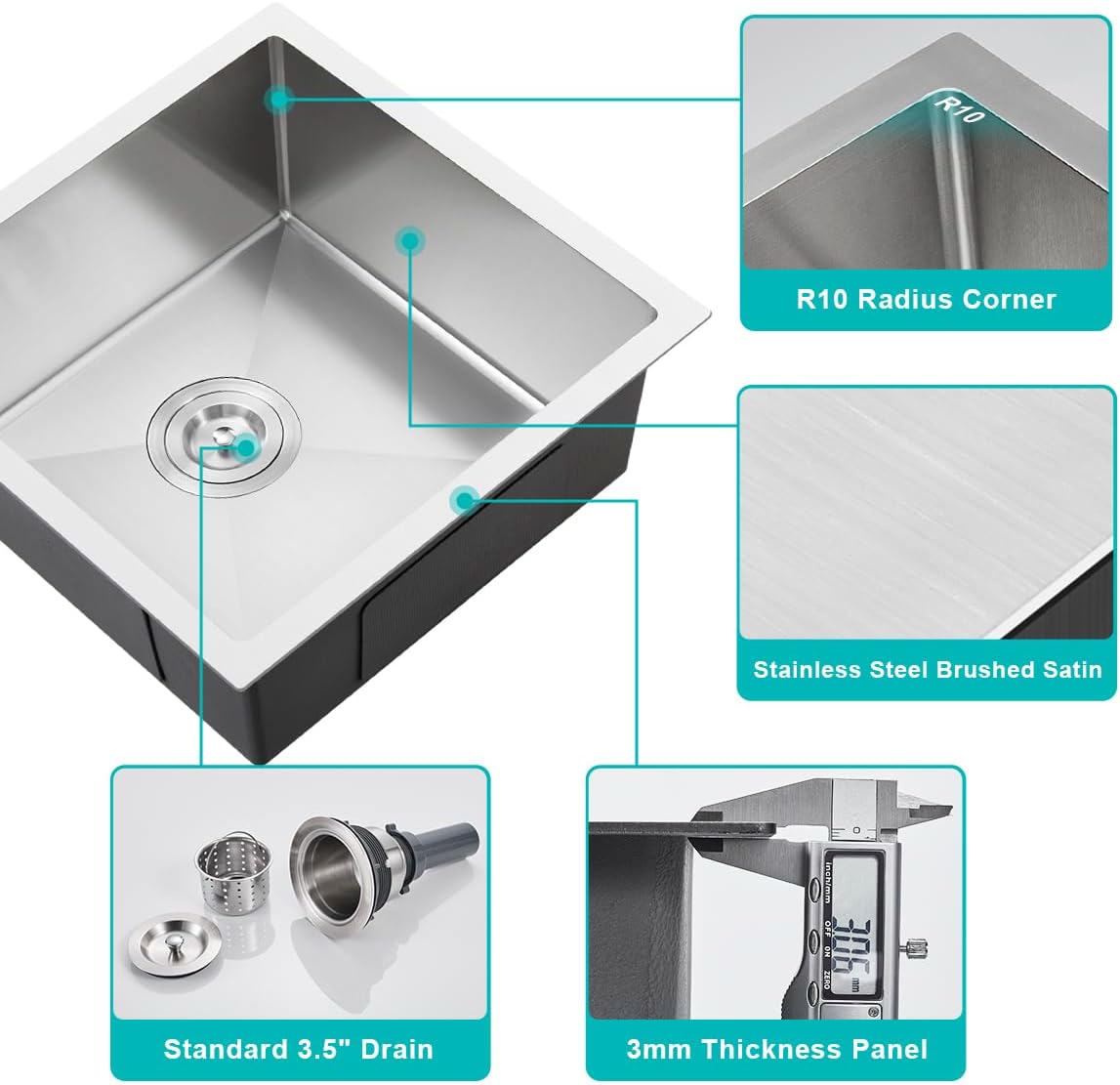 18 Inch Undermount Kitchen Sink Brushed, 18 Gauge T-304 Stainless Steel Handmade Single Bowl Kitchen Bar/Prep Sink Undermount, 18"x18"x9"