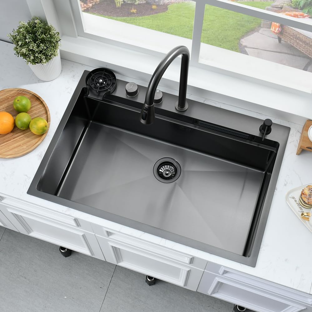 33 Inch Black Waterfall Drop In Kitchen Sink with Fuacet Combo-Bokaiya 33x22 Waterfall Kitchen Sink with Cup Washer Stainess Steel Top Mount 16 Gauge Deep Single Bowl Modern Kitchen Sinks