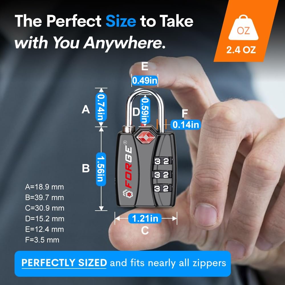 Forge Luggage Locks TSA Approved Black 1 Lock, Small Combination Lock with Zinc Alloy Body, Open Alert, Easy Read Dials, for Travel Suitcase, Bag, Backpack, Lockers.