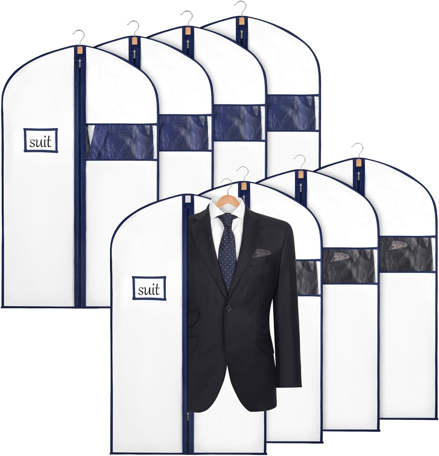 Syeeiex 40" Suit Bag(Set of 8), Garment Bags for Hanging Clothes, Suit Bags for Closet Storage, Garment Bags for Suits, T-shirts, Jackets, Coats, Business Wear(White & Dark Blue)