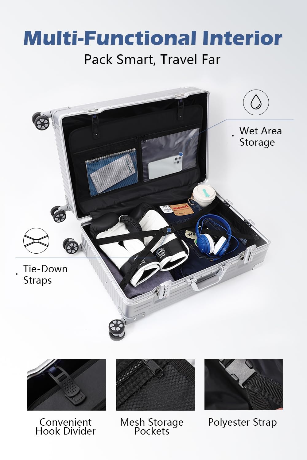 HotWay 24 Inch Checked in Luggage with Aluminum Frame,PC Hard Shell Suitcase with Spinner Wheels and TSA Lock, Large Suitcase for Travel, White