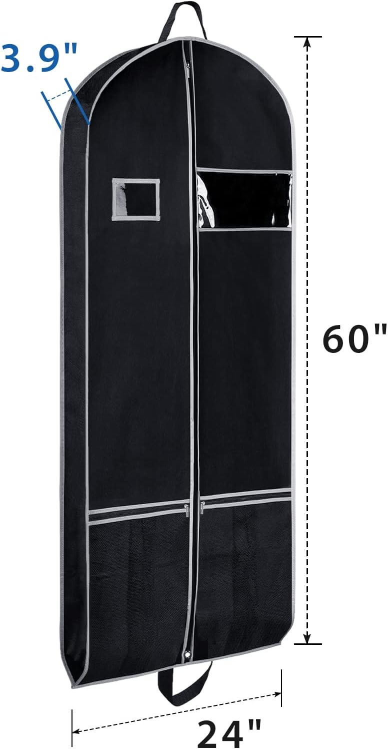 Zilink Long Dress Garment Bags for Travel 60" Dress Suit Cover for Storage with 2 Large Mesh Pockets and a PVC Card Holder, Black
