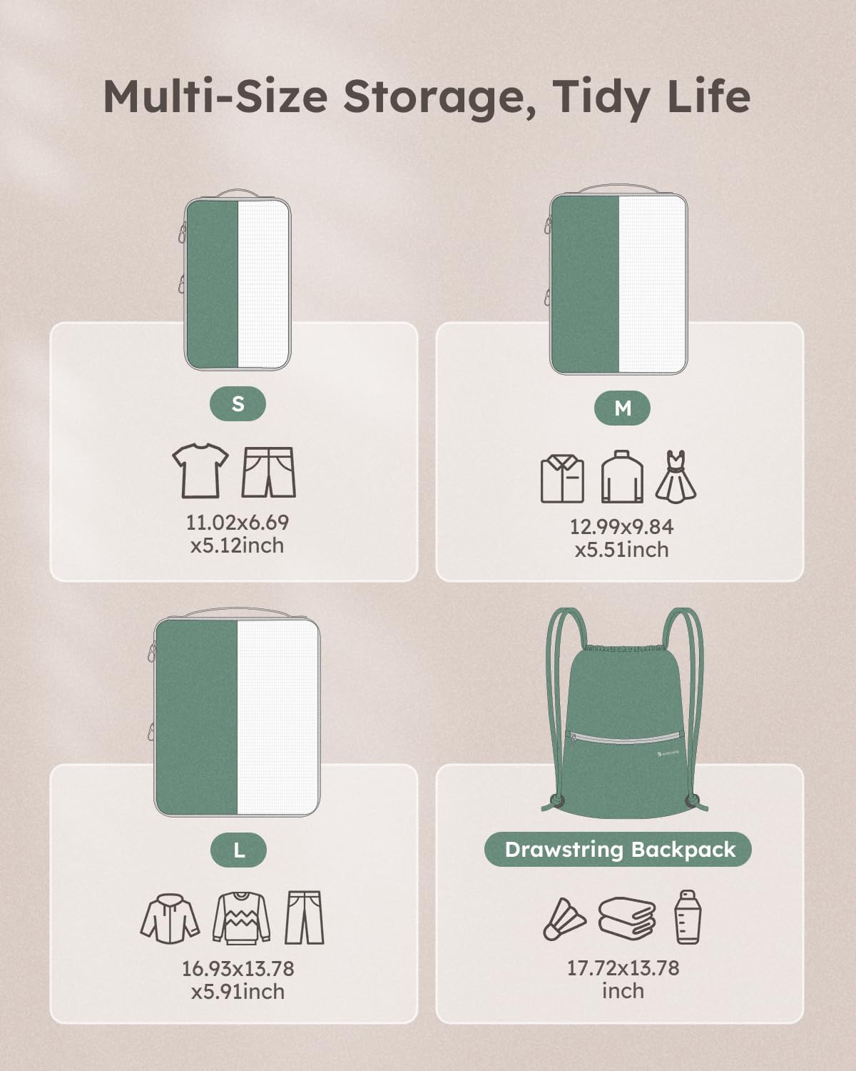 4 Set Compression Packing Cubes for Travel, Bonus Versatile Drawstring Backpack, Lightweight Luggage Organizer Bags, Sturdy Travel Accessories for Suitcase, Dark Green