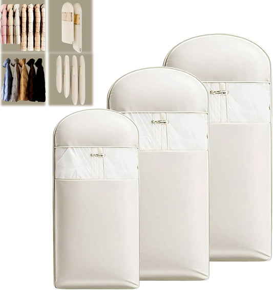 3 Packs Space Saving Garment Bag with Self Compression Zipper, Travel Suit Bags for Closet Storage, Hanging Garment Bag for Coats, Down Jackets (M+L+XL,Beige)