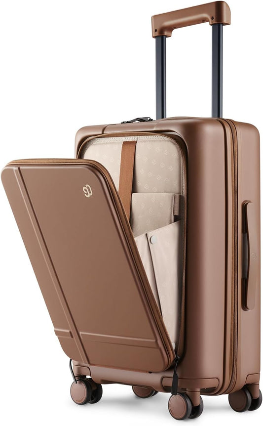 NINETYGO Carry On Luggage 22x14x9 Airline Approved, 20 Inch Suitcase with Front Compartment & Cup Holder, Coffee-Infused PC Hard Shell, Eco-Friendly, TSA Lock, 360° Spinner Wheels (Latte)