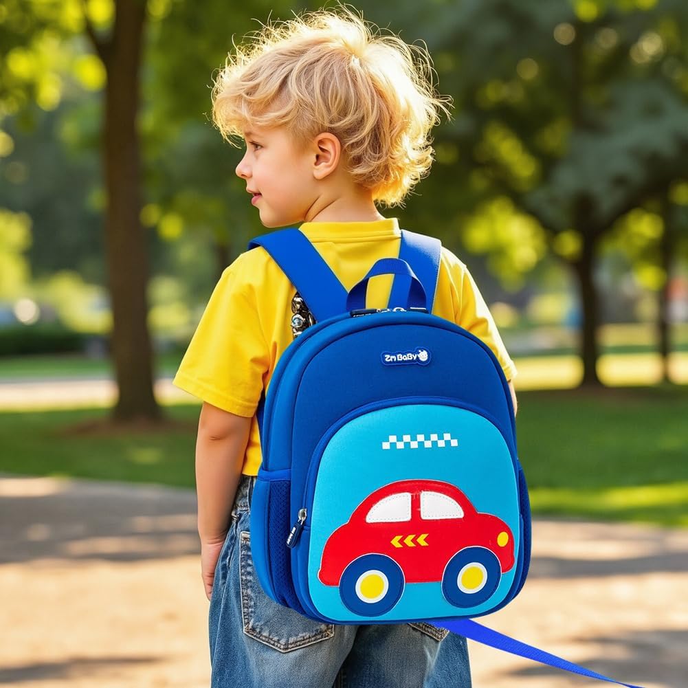 Padgene Toddler Harness Backpacks Safety Leash Kids Anti Lost Kindergarten Preschool Backpack Neoprene Lightweight Animal Schoolbag 3D Cartoon Car Mini Travel Bag for Boys Girls Ages 3-5