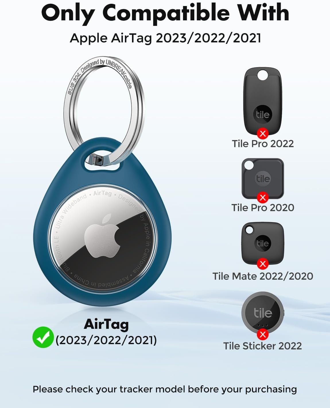 UNBREAKcable Holder for Apple AirTag - 4 Pack [Fit Tightly Design] [Easy to Install] [Hold Air Tag Securely] Waterproof TPU Protective Case with 304 Stainless Steel Keychain Key Ring, Black+Blue