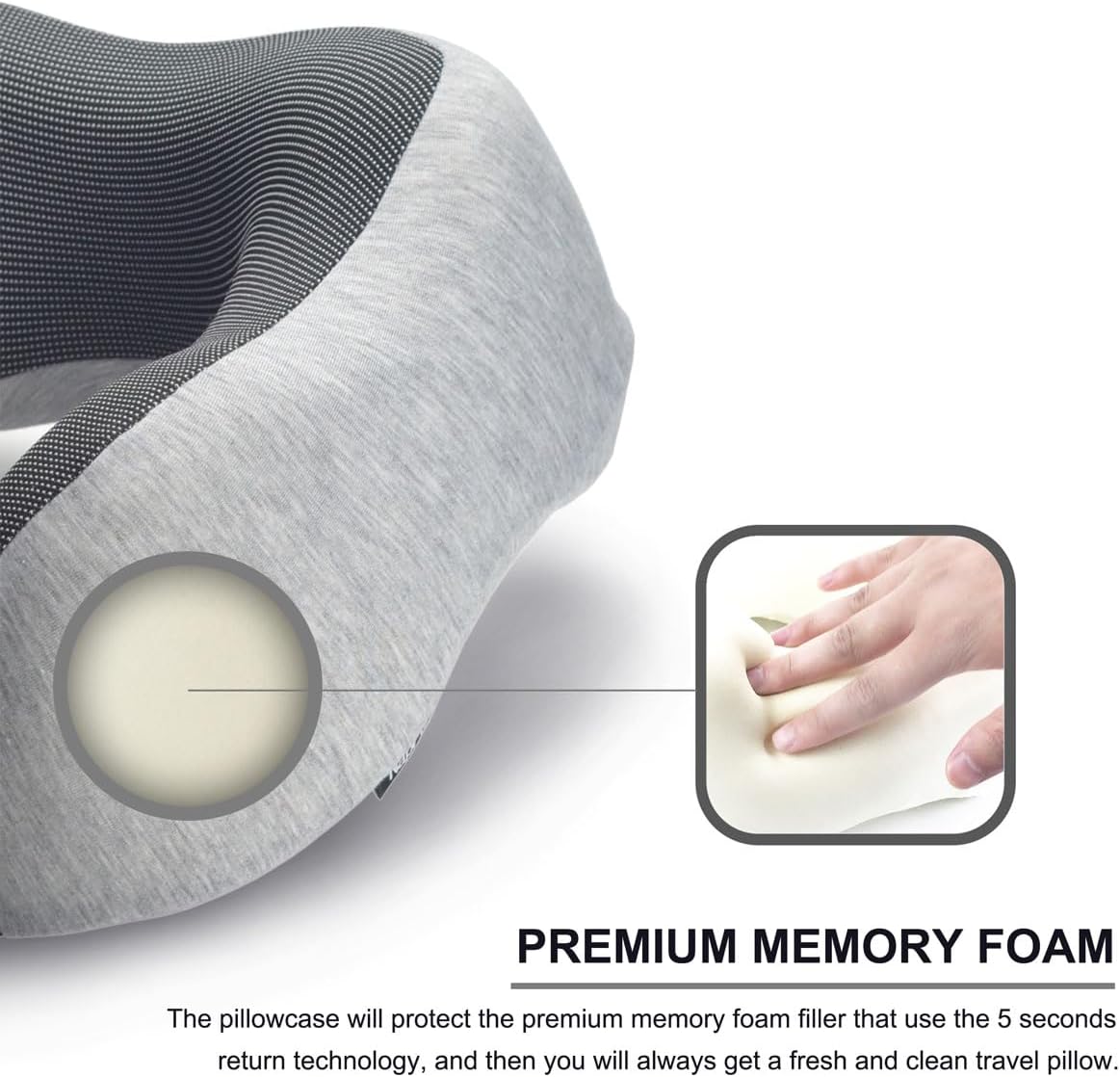 napfun Neck Pillow for Traveling, Travel Neck Pillow for Airplane 100% Pure Memory Foam Travel Pillow for Flight Headrest Sleep, Portable Plane Accessories, Light Grey Set