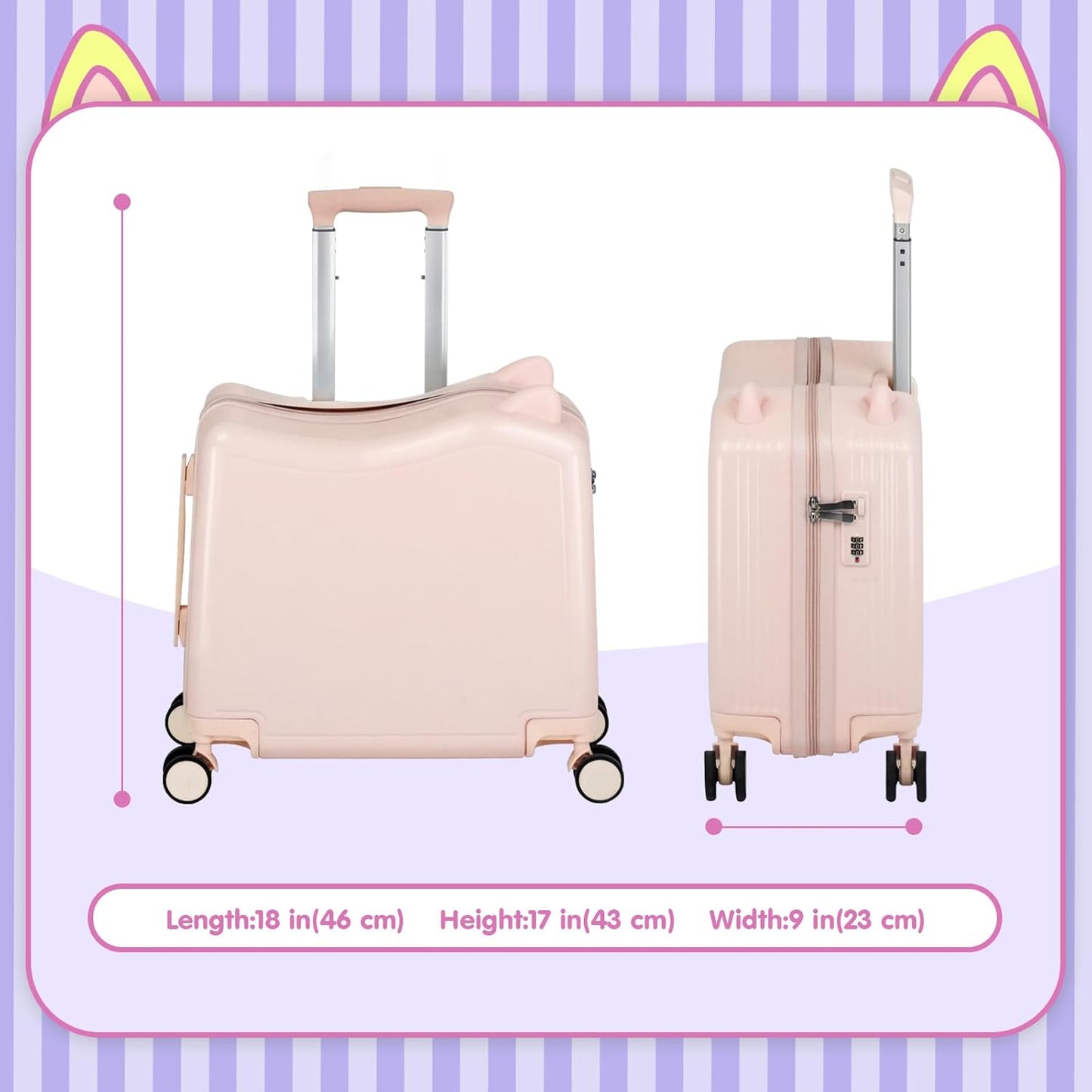 20" Ride-On Travel Suitcase for Kids, Cute Ear Toddler Carry on Luggage with Spinner Wheels, Children Rolling Trolly Luggage with Combination Lock (Pink)