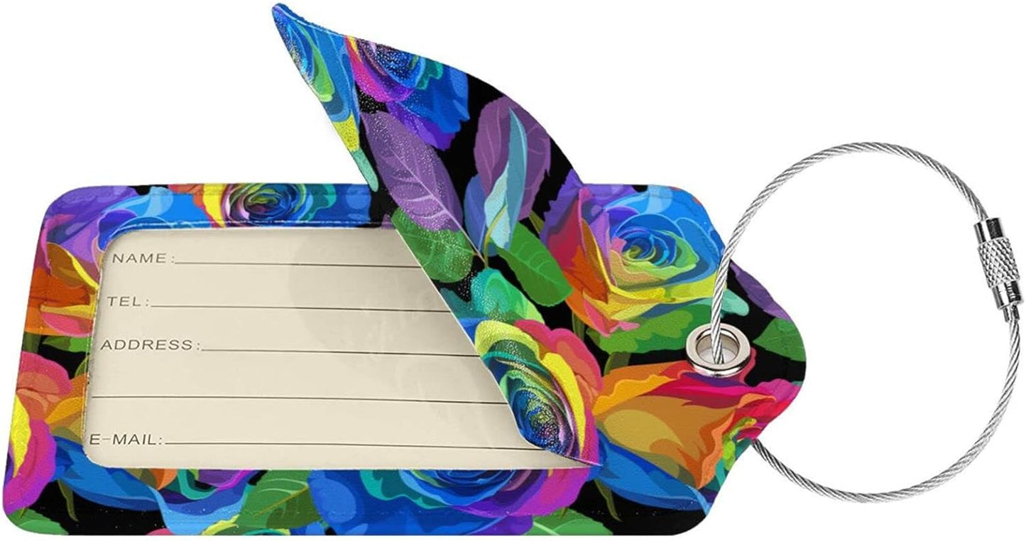 Rainbow Rose Flowers Luggage Tag for Women Girls, Sport Suitcase Tag Leather Travel Baggage Identifiers Tags with Full Back Privacy Name ID Card Set of 2