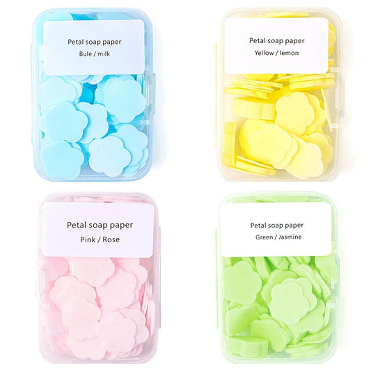 4 Different Scented Mini Fresh Portable Disposable Petal Hand Wash Sheets, Dissolvable Hand Bath Soap, Suitable for Children and Adults, Outdoor, Travel, Camping, 4 Boxes (Approx 400 Sheets)