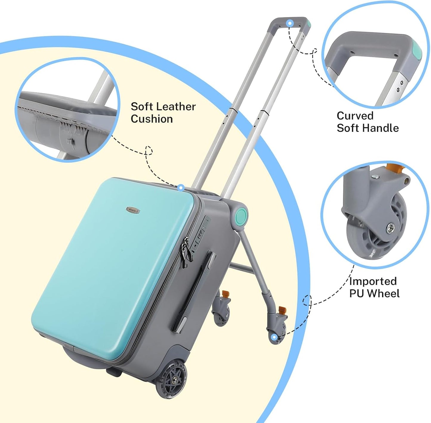 FAHKNS Ride on Carry On Suitcase for Kids,Large Suitcases with Child Seat Design,Rolling Travel Luggage With Kids Seat for Airplane,Blue