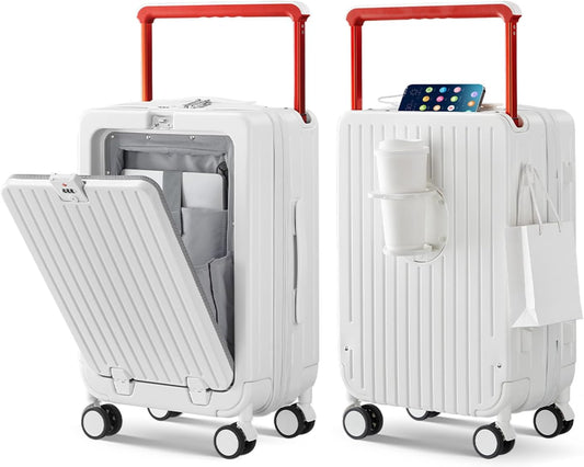 SOKOK Front Pocket Luggage Carry On with Spinner Wheels, Wide Handle Travel Suitcase PC Hardshell Durable Rolling Luggage for Business Trip with Charging Port and Cup Holder, White