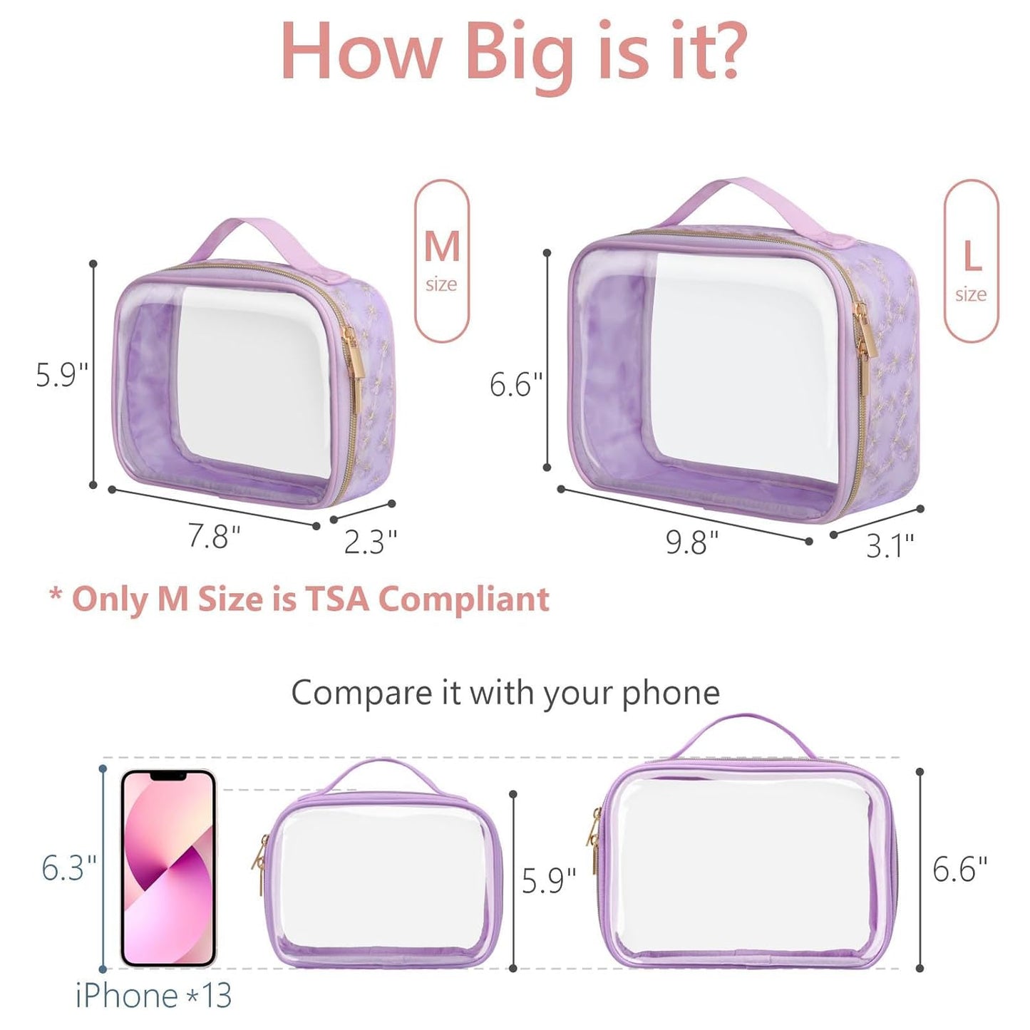 PACKISM Floral Texture Lace TSA Approved Toiletry Bag - 180° Opening Clear Makeup Bags in 2 Size, Clear Toiletry Bags with Handle, 0.5 mm Thick Non-deformable No Smell, Purple