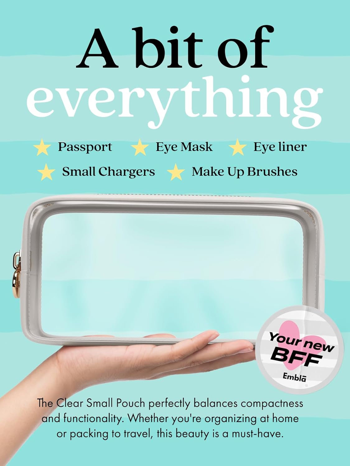 Clear Makeup Bag Zipper Pouch, Transparent Cosmetic Case Organizer, TSA Approved Travel Toiletry Case, Travel Accessories Essentials Makeup Tote for Women, Small Cute Make up Bag for Purse - White