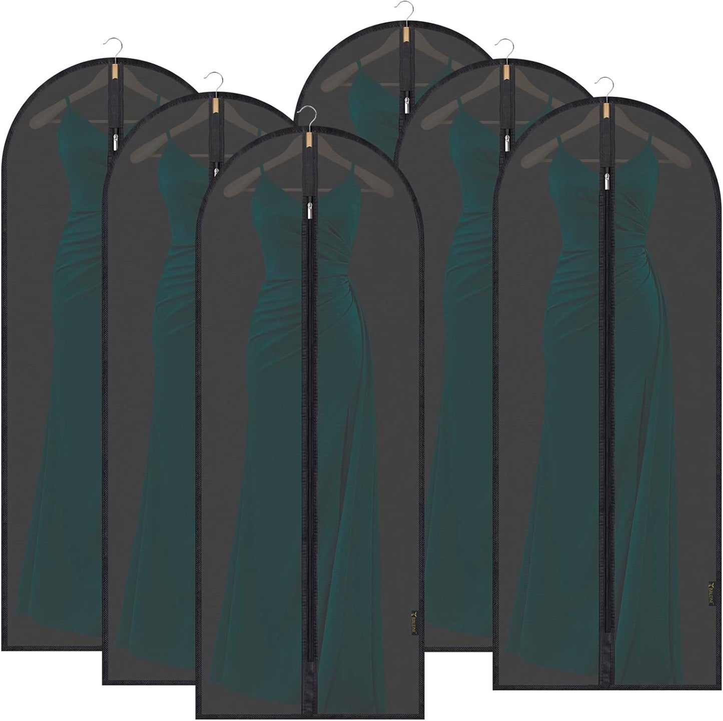 BALEINE 60'' Translucent Garment Bags, 6 Packs PEVA Dress Bag for Closet Clothes Dresses Suit Coats Storage (Black, 6PK)