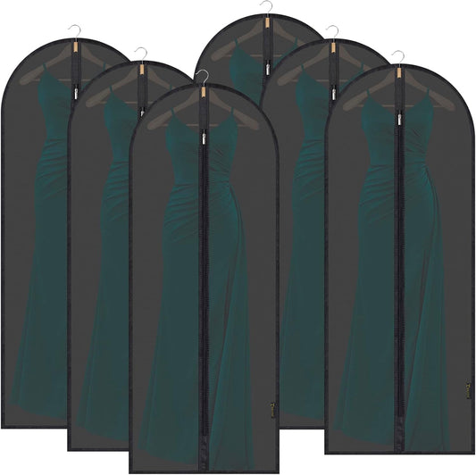 BALEINE 60'' Translucent Garment Bags, 6 Packs PEVA Dress Bag for Closet Clothes Dresses Suit Coats Storage (Black, 6PK)